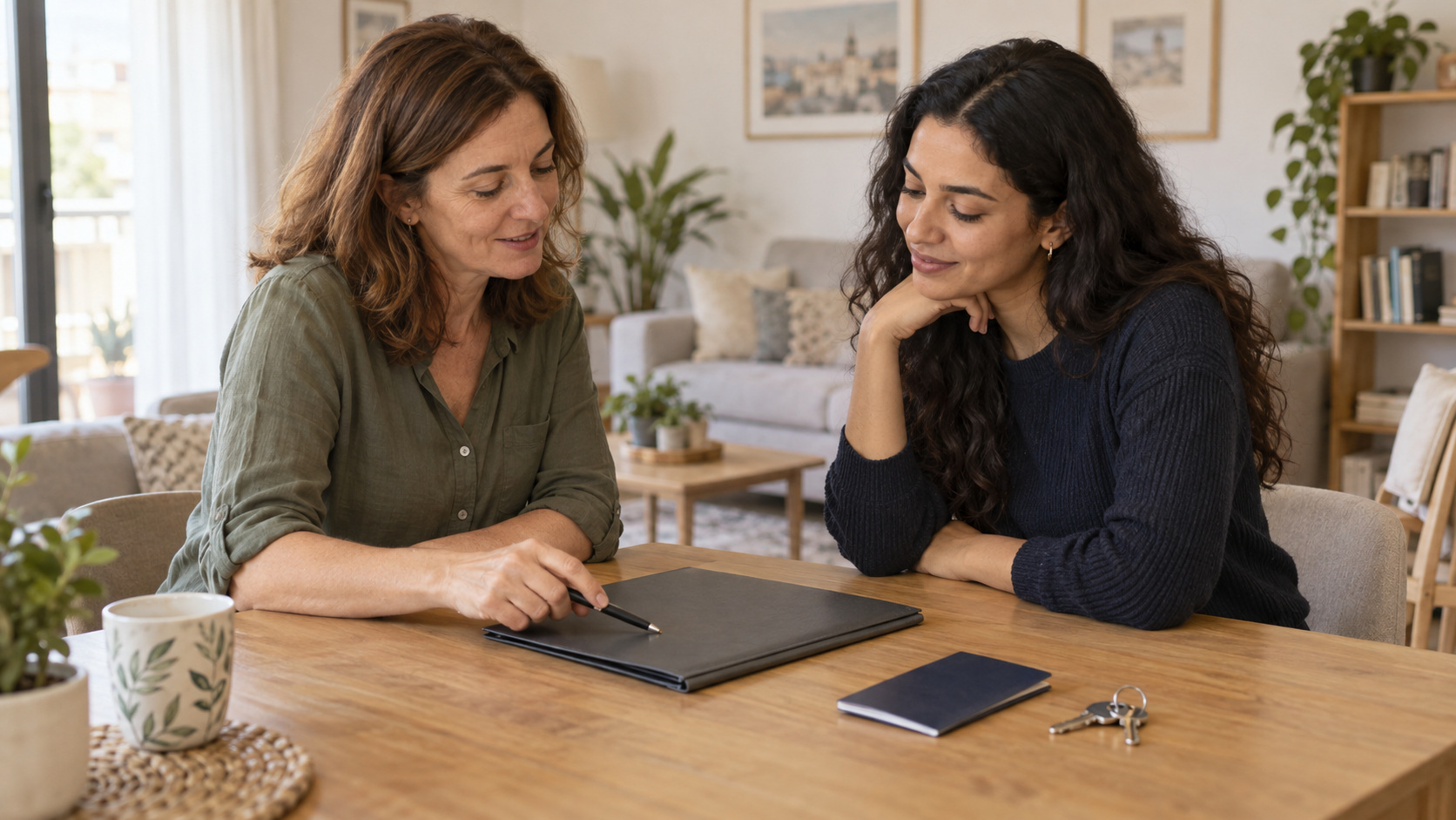 Propietaria y candidata revisan la documentación de un alquiler de vivienda