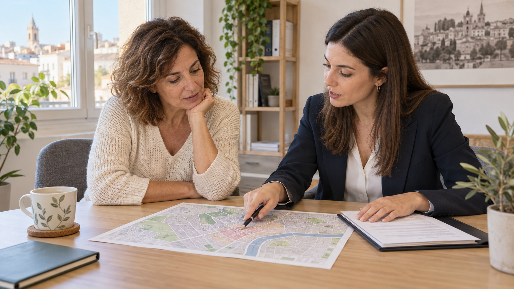 Propietaria y asesora consultan un mapa urbano antes de fijar el alquiler