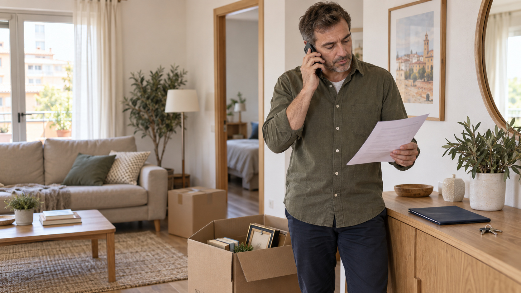 Un propietario revisa una póliza por teléfono antes de alquilar su vivienda