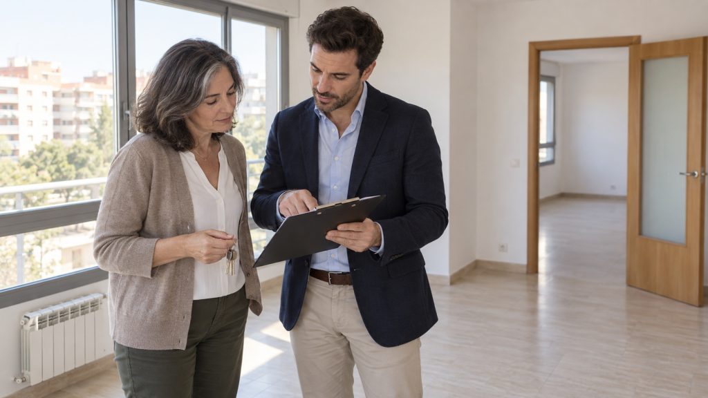 Una propietaria revisa con un agente inmobiliario la documentación de una vivienda vacía