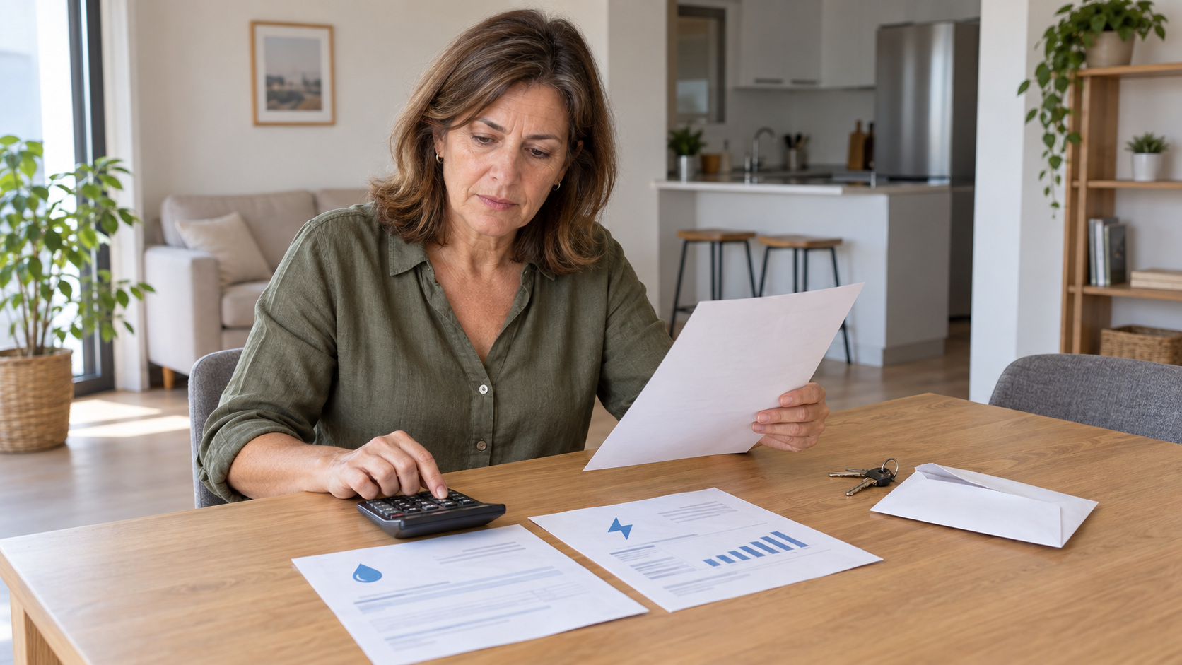 Una mujer revisa facturas y calcula gastos en una vivienda