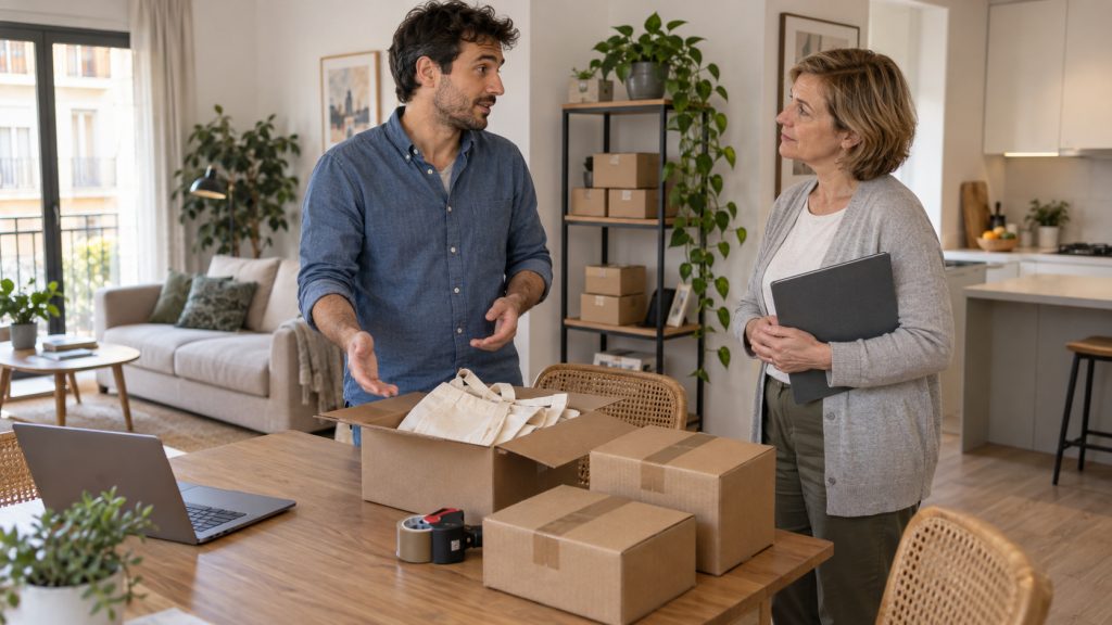 Un hombre y una mujer conversan junto a cajas en una vivienda