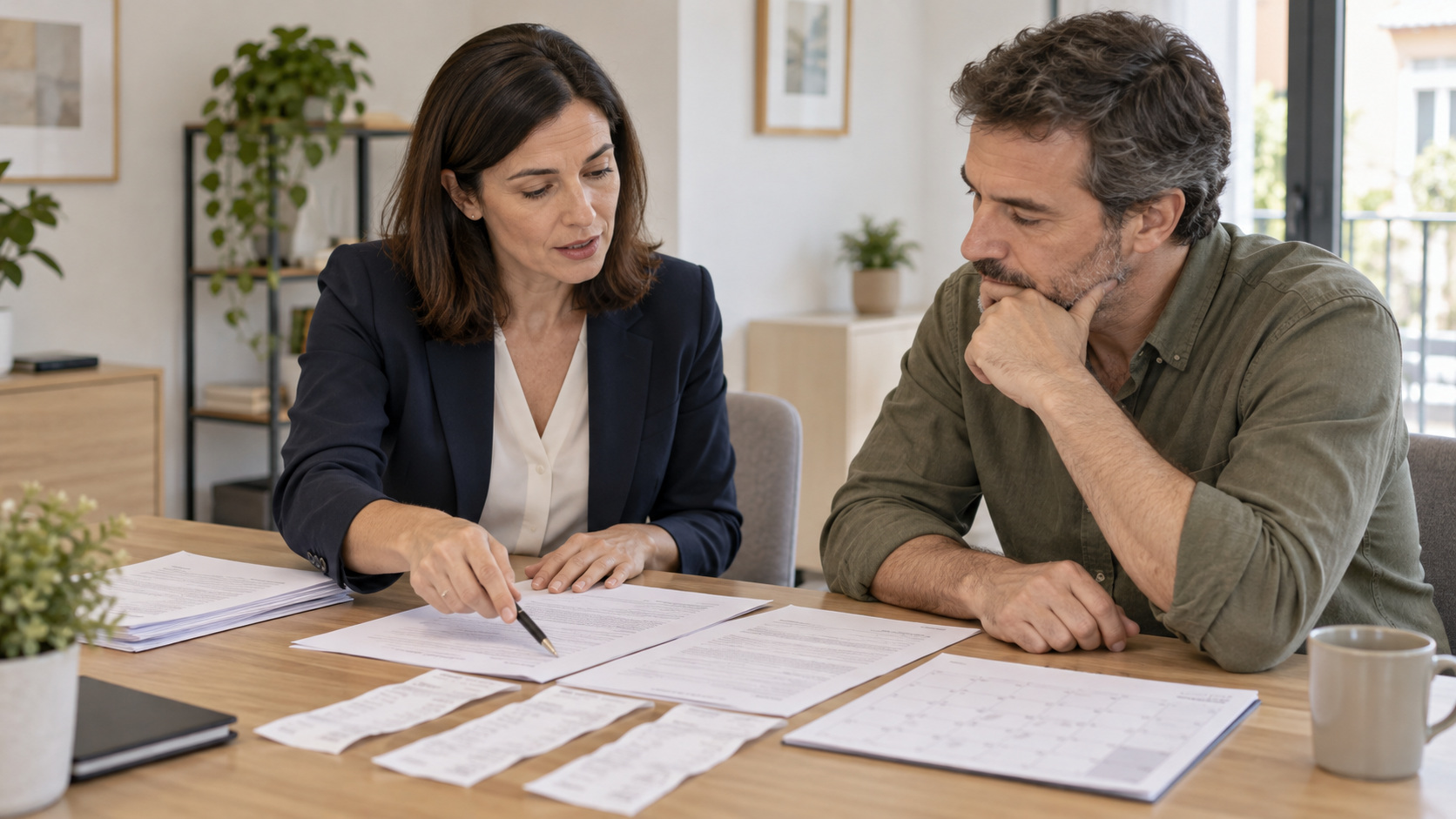 Profesional jurídica y propietario revisan documentos antes de una reclamación