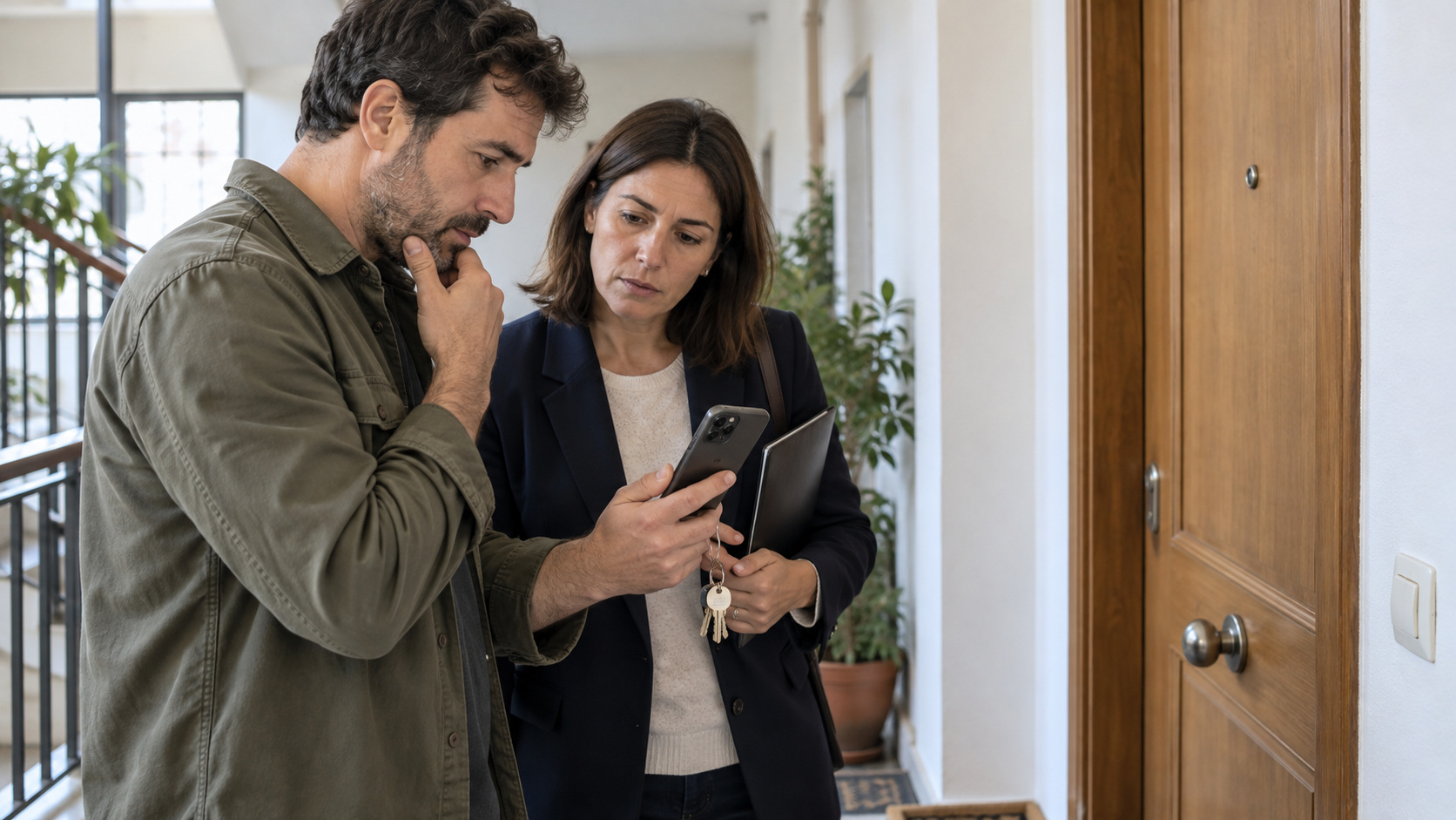 Propietario y profesional revisan una incidencia de acceso junto a la puerta de una vivienda